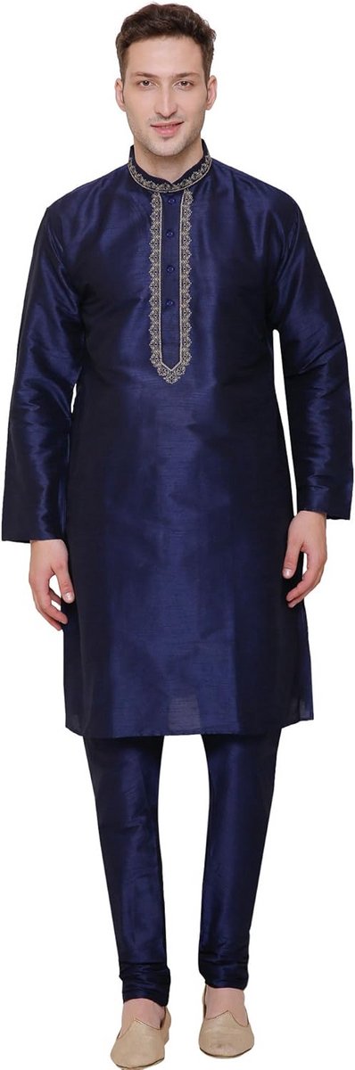 Etnische Indiase Heren Kleding Set Kurta Pyjama Dupion Zijde Feestkleding
