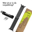 Verpakking met zwart metalen bandje, toolkit en handleiding.