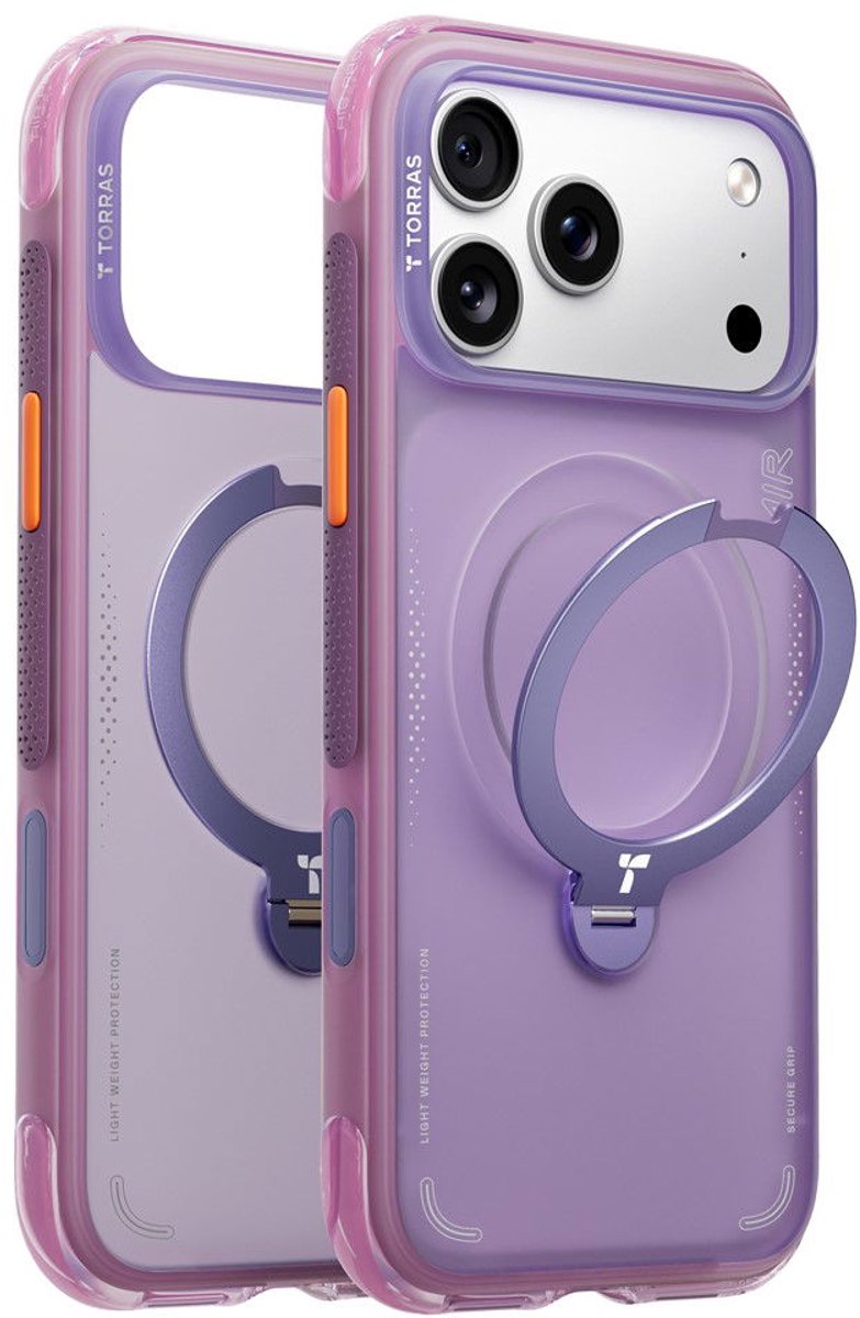 TORRAS Hoesje Geschikt voor Apple iPhone 17 Pro - Ostand Q3 Air Spin - Compatibel met MagSafe / Qi2 - Back Cover met Magneet - 360° Draaibare Ring Standaard - Paars