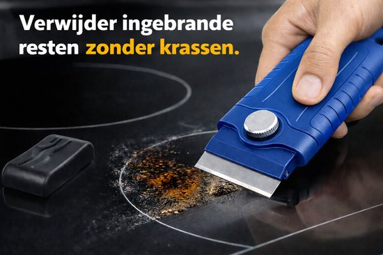 Verwijdert ingebrande resten zonder krassen op een kookplaat. Blauwe schraper met metalen mes.