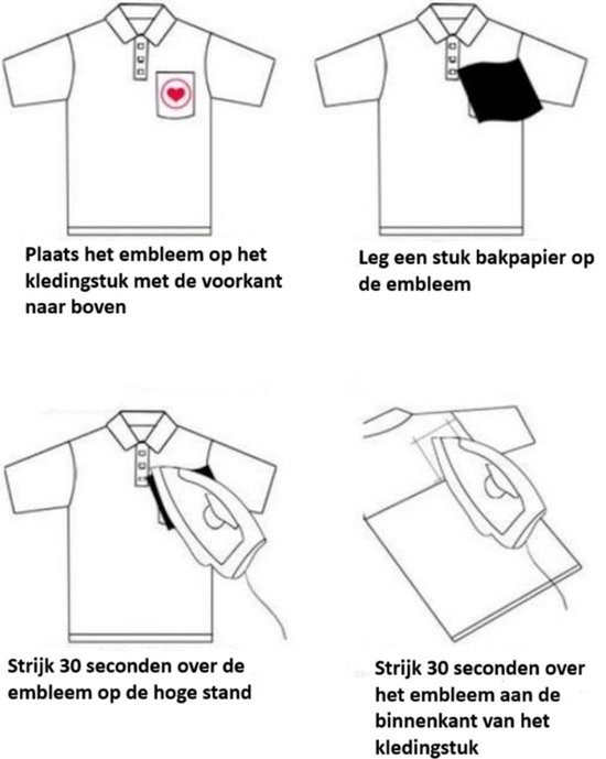Illustratie van het aanbrengen van een strijkapplicatie op een wit T-shirt.