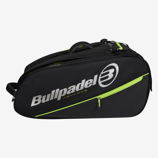Zwarte padeltas met limegroene accenten en Bullpadel logo.