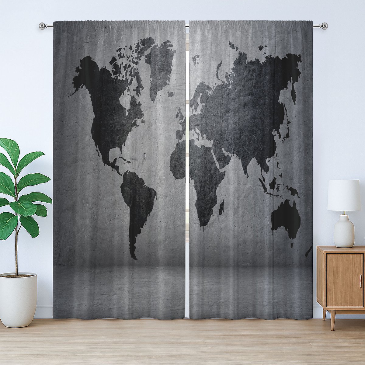 ABAKUHAUS Donkergrijze rustieke gordijnen, wereldkaart aan de muur, met lussen en haken voor de woonkamer, 280 x 225 cm, grijszwart