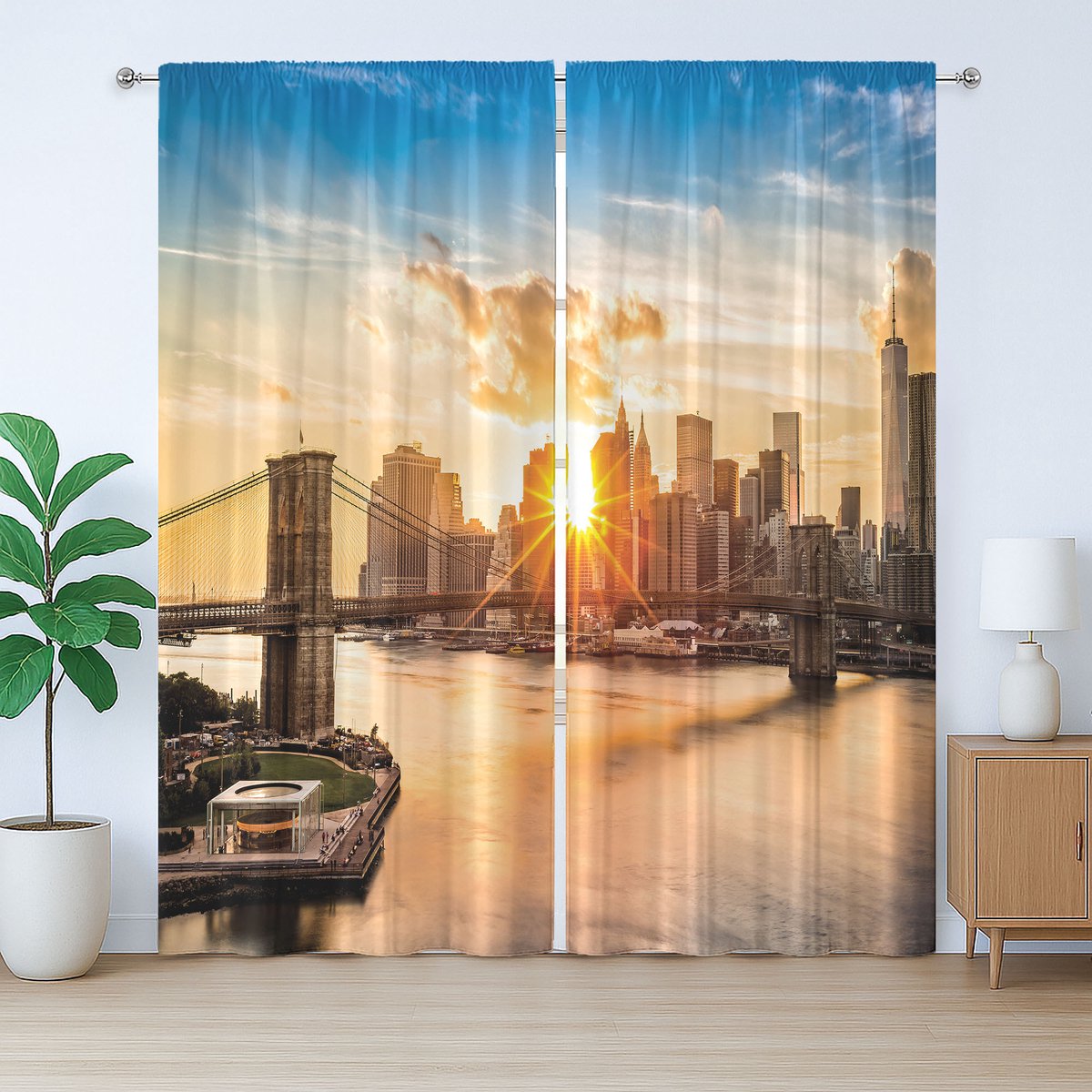 ABAKUHAUS New York Rustiek Gordijn, Stadsgezicht van Brooklyn, met Bandjes, Lussen en Haken voor de Woonkamer, 280 x 175 cm, Lichtblauw Bruin