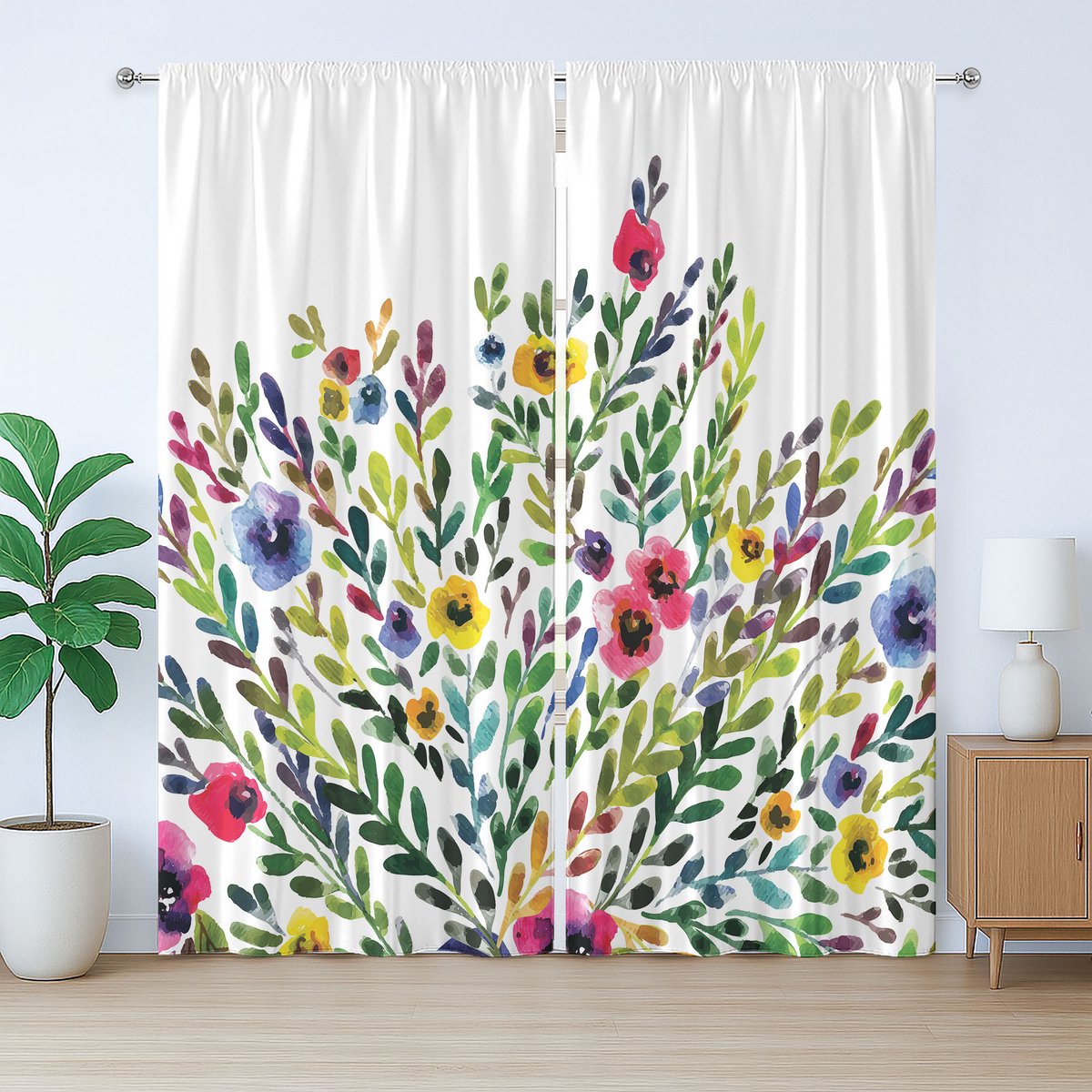ABAKUHAUS Rustiek Valentijnsgordijn, Thema Bloeiende Natuur, Gordijn met Bandjes , Geplooid met Lussen en Haken, 280 x 245 cm, Wit Groen Violet
