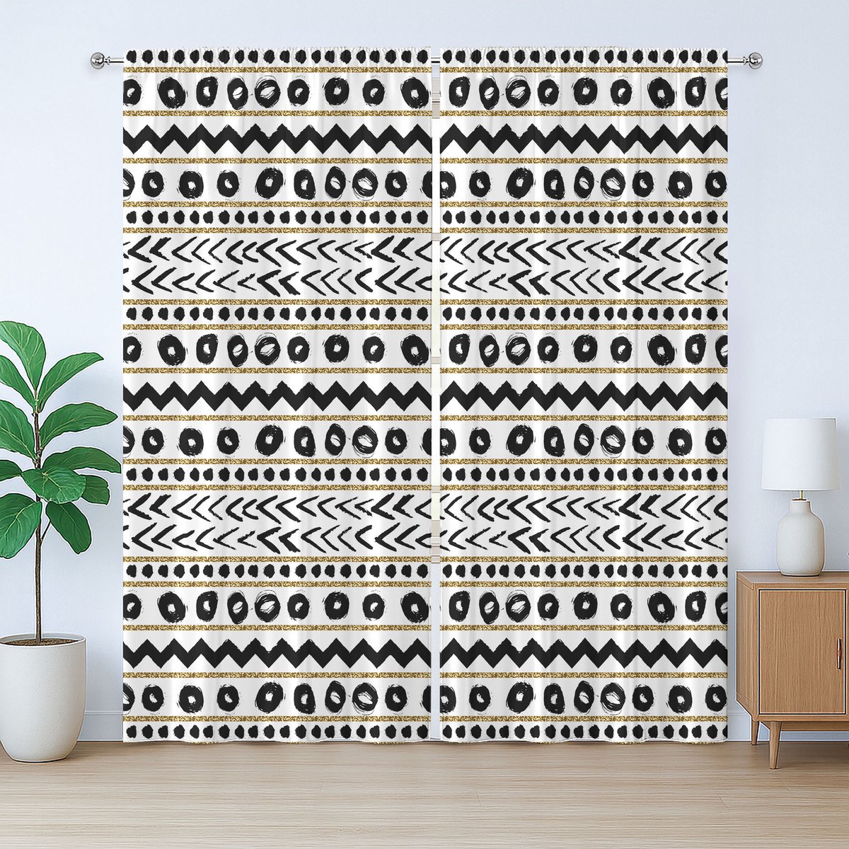 ABAKUHAUS Boho Rustiek Gordijn, Abstract Primitief, met Bandjes, Lussen en Haken voor de Woonkamer, 280 x 175 cm, Zwart Geel