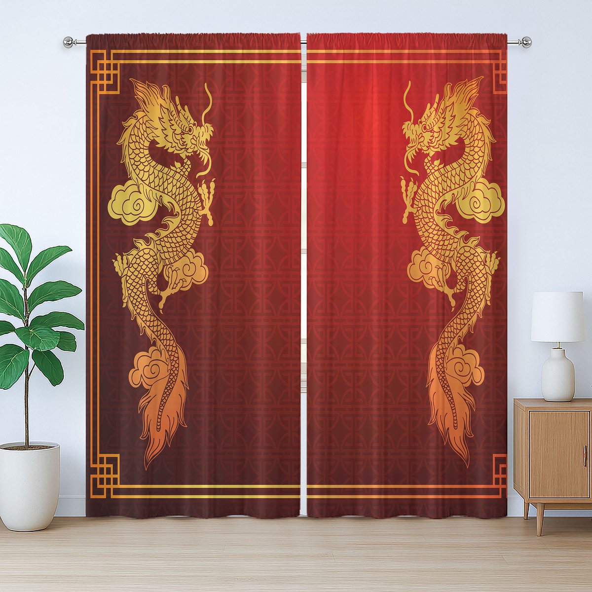 ABAKUHAUS Drakengordijn, Rustiek ontwerp, Historisch wezen, Gordijn met plooien en haken voor de slaapkamer, 280 x 225 cm, Oranjegeel