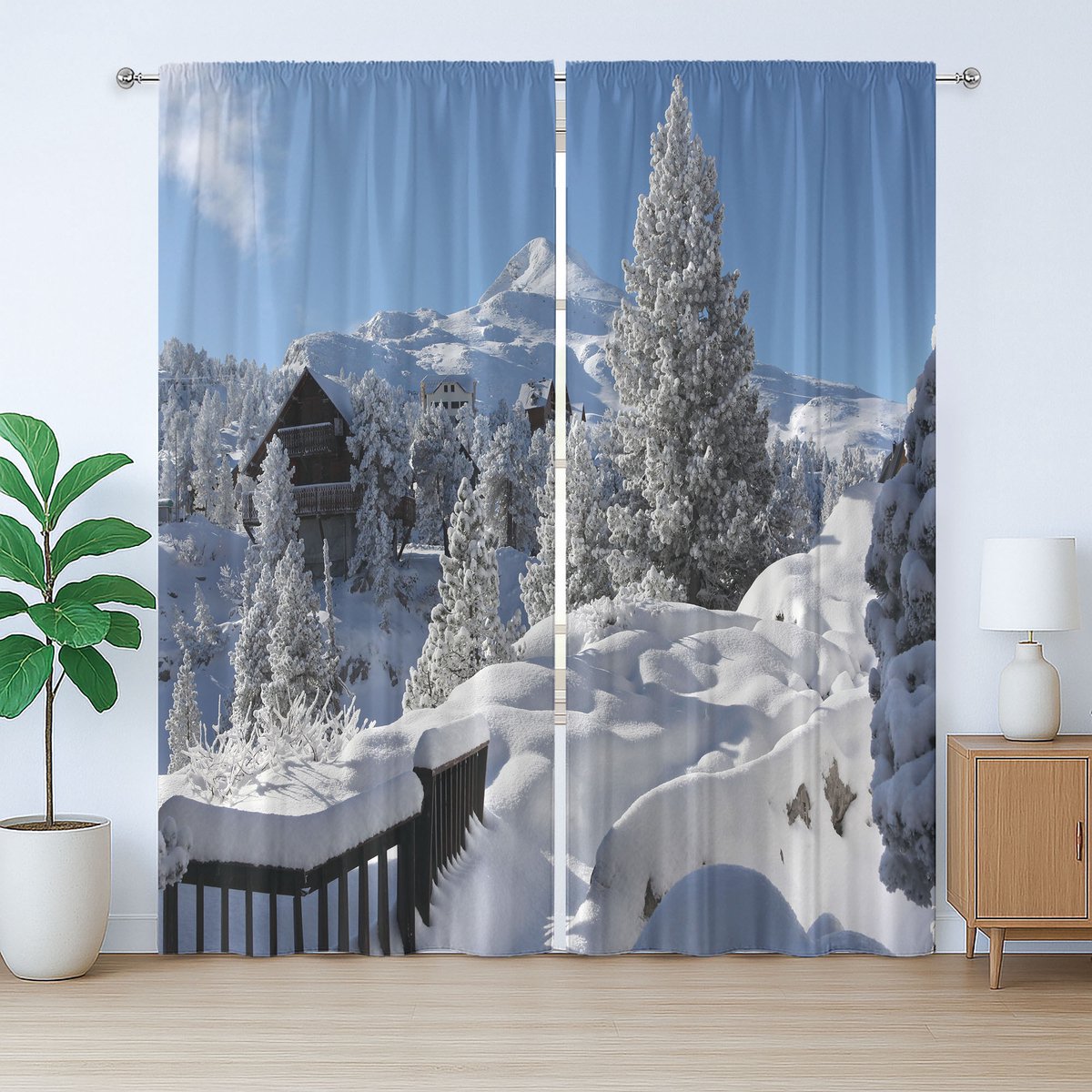 ABAKUHAUS Alaska Rustiek Gordijn, Winterseizoen in het Noorden, met Bandjes, Lussen en Haken voor de Woonkamer, 280 x 225 cm, Wit Hemelsblauw Bruin