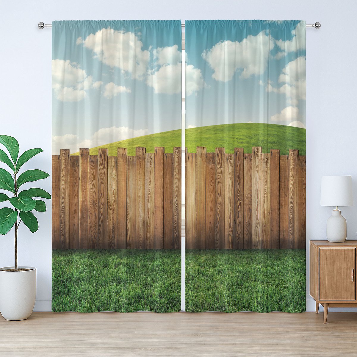 ABAKUHAUS Rustiek houten gordijn, Bewolkte lucht boven de tuin, met lussen en haken voor de woonkamer, 280 x 175 cm, Groenbruin