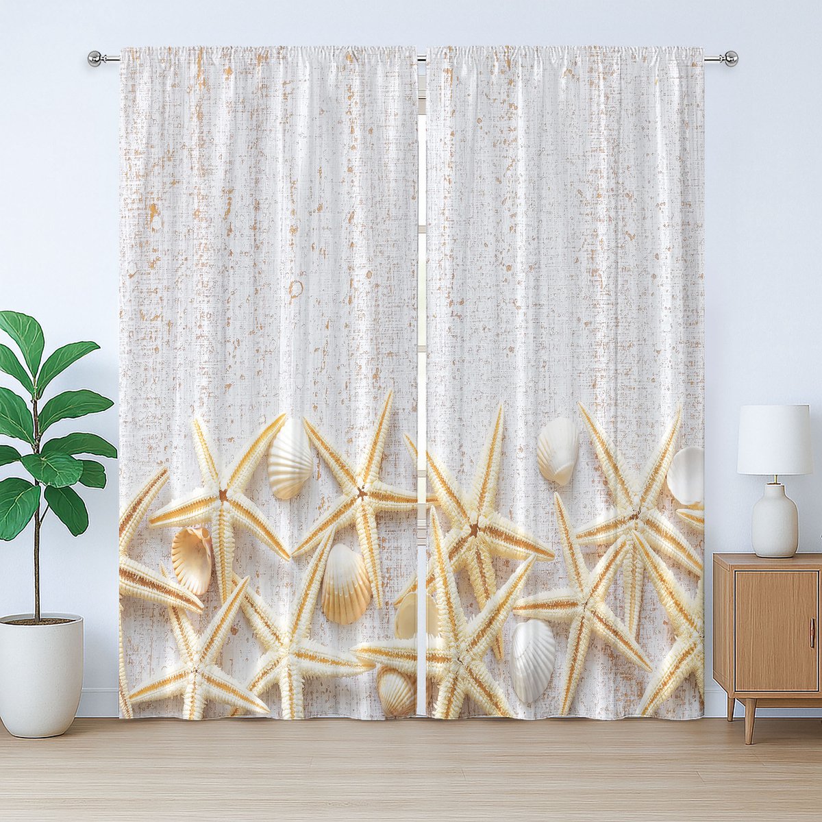 ABAKUHAUS Wit rustiek gordijn, schelpen op hout, slaapkamergordijn met lussen en haken, 280 x 225 cm, parelivoor