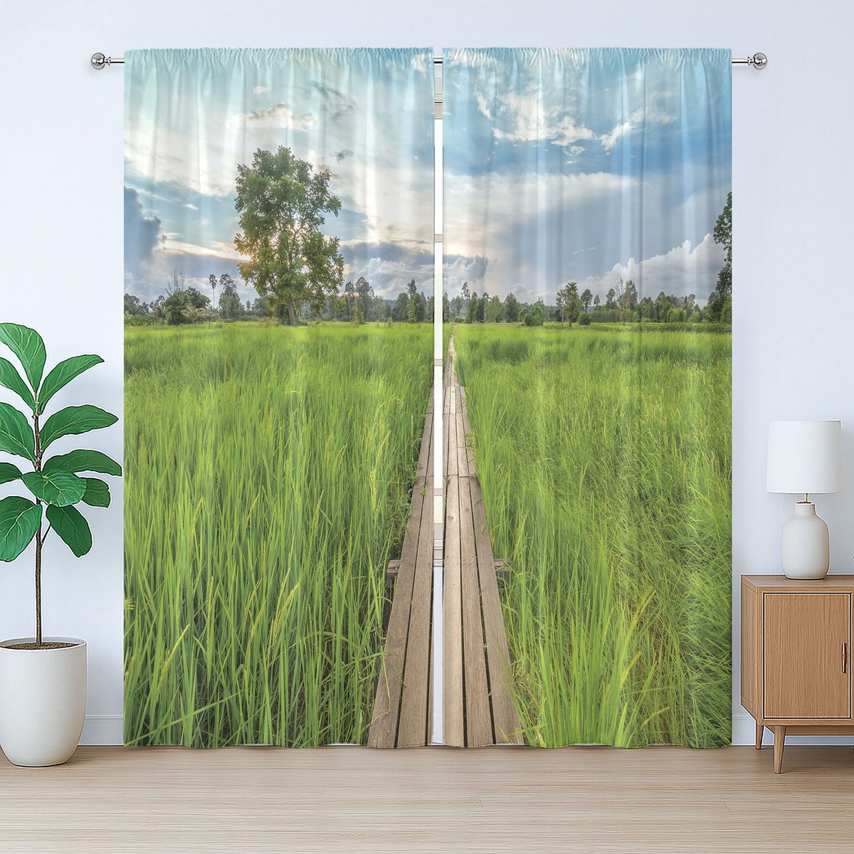 ABAKUHAUS Aziatisch rustiek gordijn, oude houten brug, rijstveld, met lussen en haken voor de woonkamer, 280 x 225 cm, groen, lichtblauw, beige