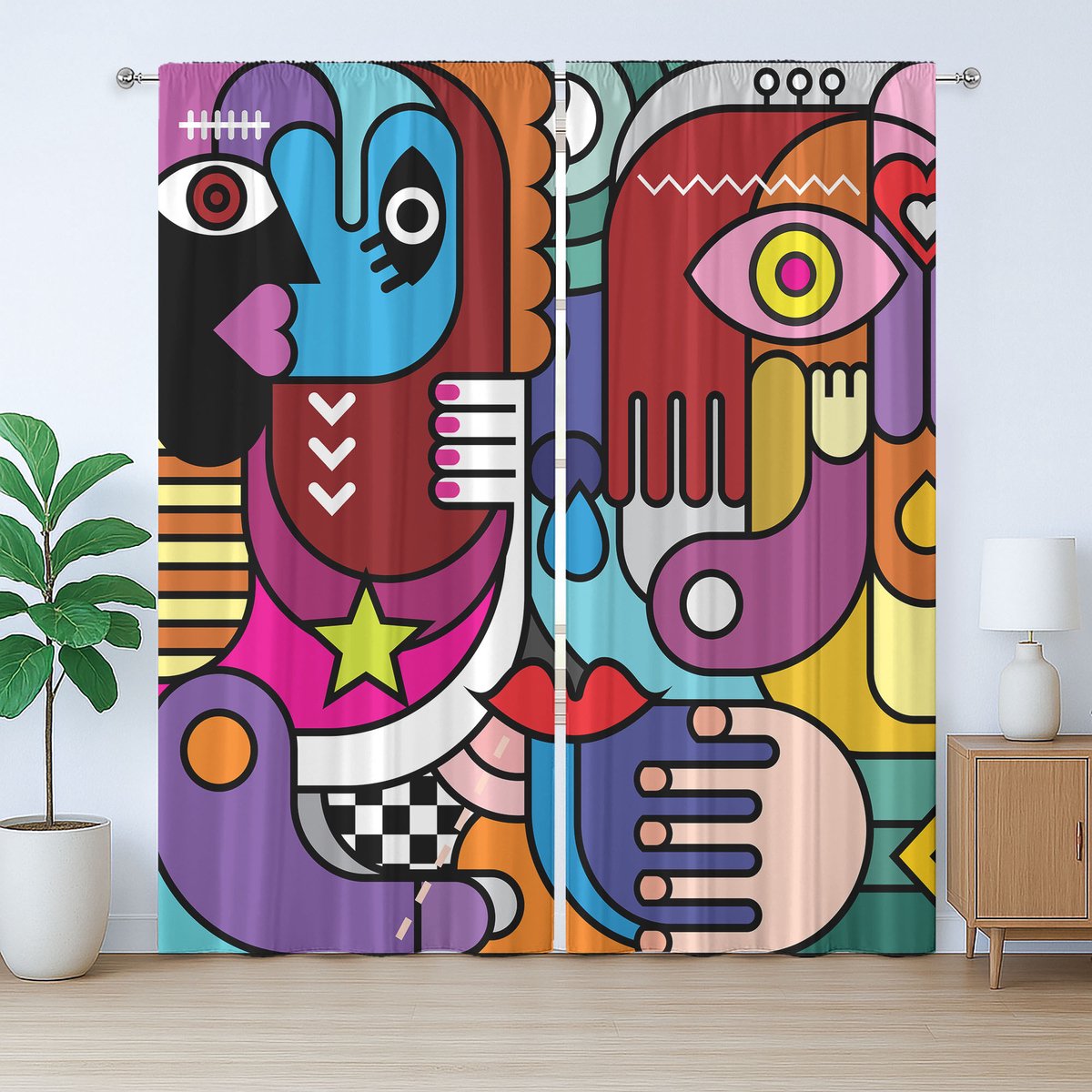 ABAKUHAUS Collage Rustiek Gordijn, Abstracte Complexe Vormen, Slaapkamergordijn met Plooiing, Lussen en Haken, 280 x 225 cm, Multicolor