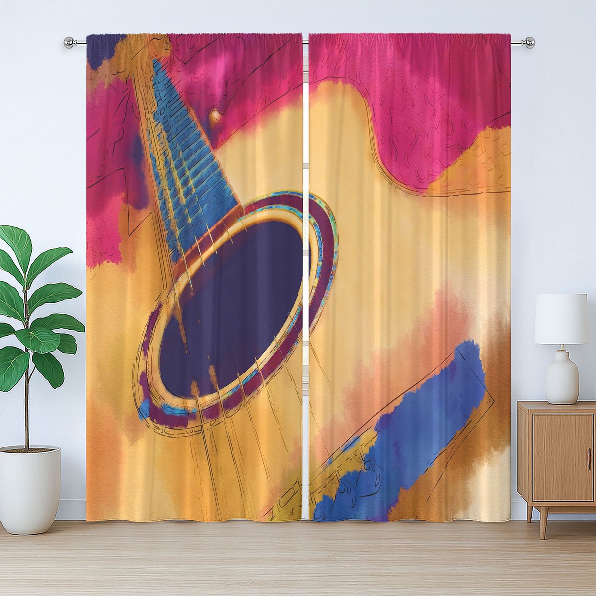ABAKUHAUS Rustiek Gitaargordijn, Retro, Universele Gordijnen met Lusjes en Haken voor de Woonkamer, 280 x 175 cm, Violet Blauw Magenta