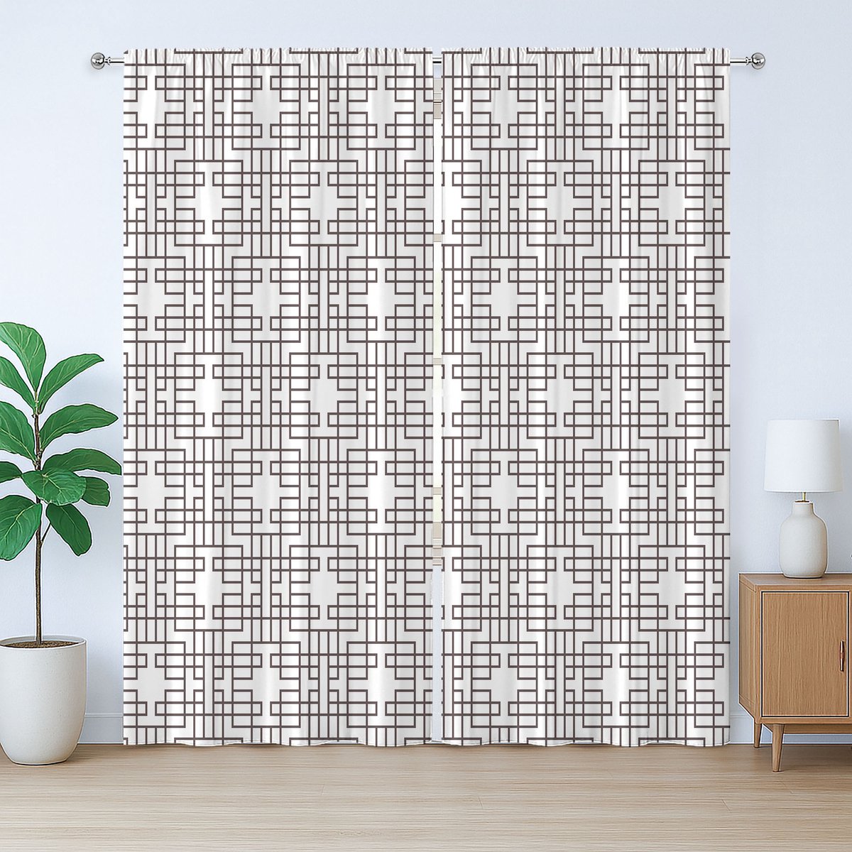 ABAKUHAUS Geometrisch rustiek gordijn, retro rasterpatroon, met lussen en haken voor de woonkamer, 280 x 245 cm, okerwit
