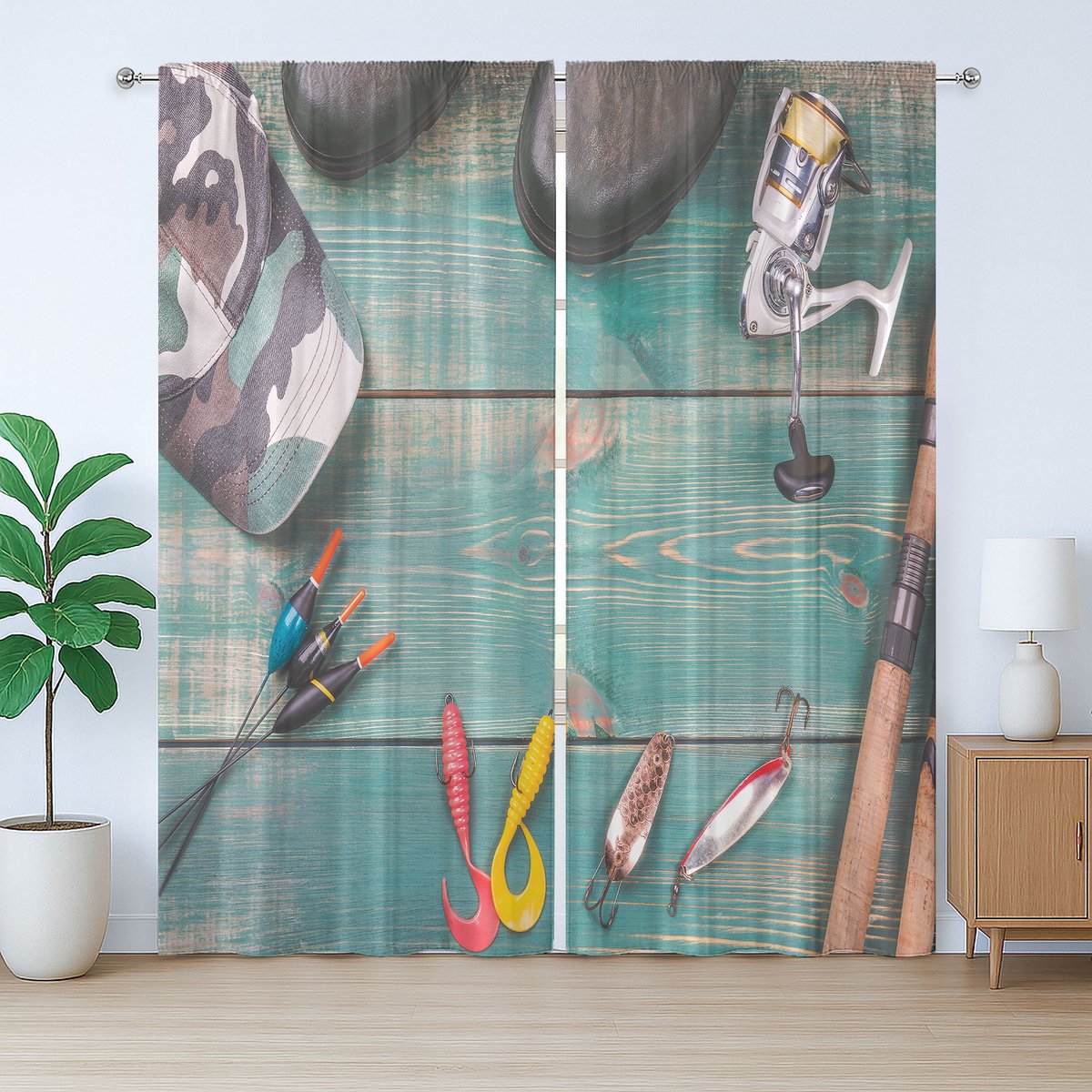 ABAKUHAUS Rustiek gordijn met visthema, afbeelding van visgerei, met lussen en haken voor de slaapkamer, 280 x 175 cm, turquoise zilverbruin