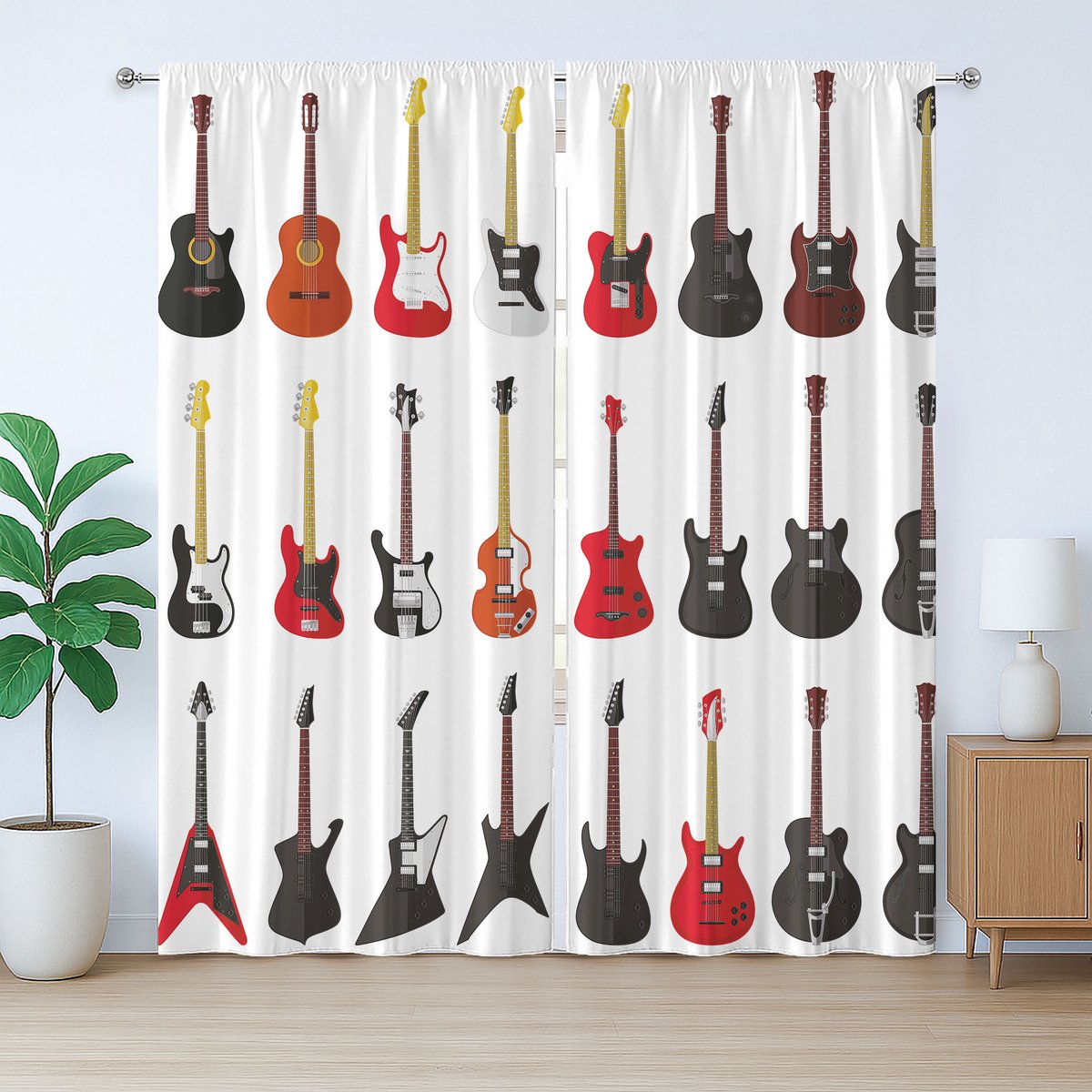 ABAKUHAUS Rustiek Gitaargordijn, Gordijn voor Akoestische Instrumenten, met Banden en Haken voor de Woonkamer, 280 x 175 cm, Vermiljoen Zwart Wit