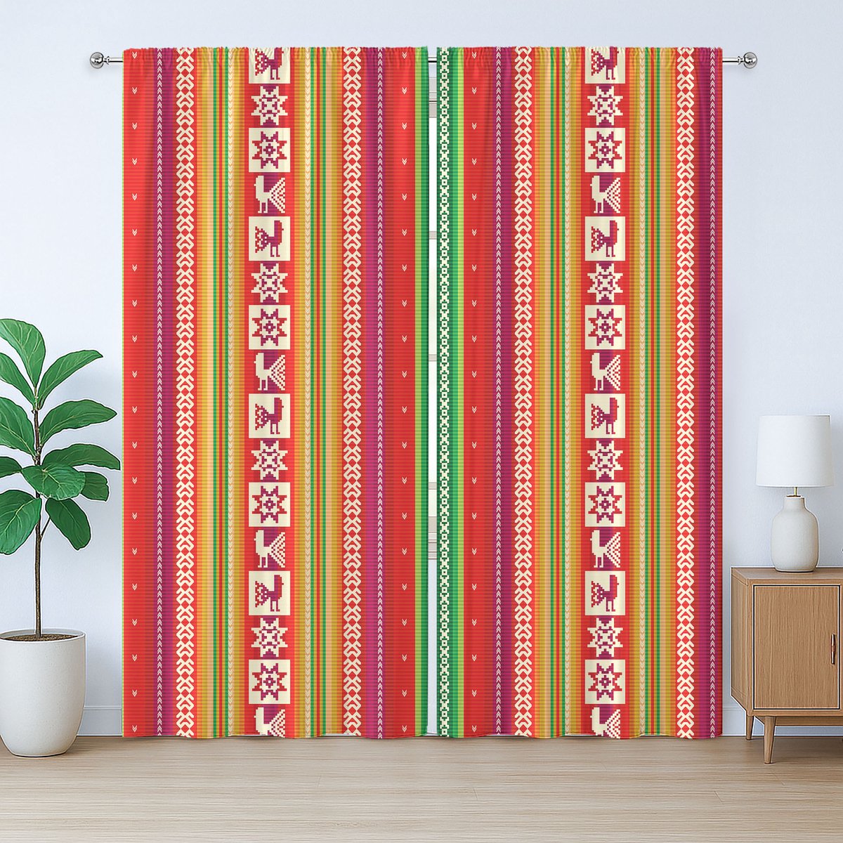 ABAKUHAUS Kleurrijk rustiek gordijn, Amerikaanse Azteekse stijl, slaapkamergordijn met lussen en haken, 280 x 175 cm, bordeauxrood, groen, geel