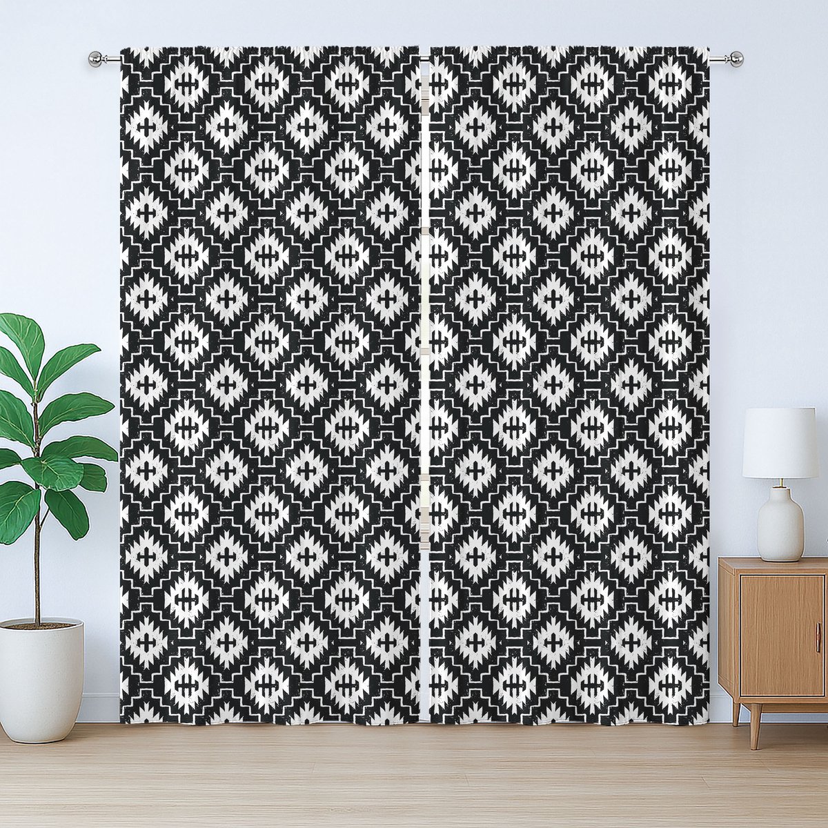 ABAKUHAUS Azteeks rustiek gordijn, barokpatroon, met lussen en haken voor de woonkamer, 280 x 175 cm, zwart-wit