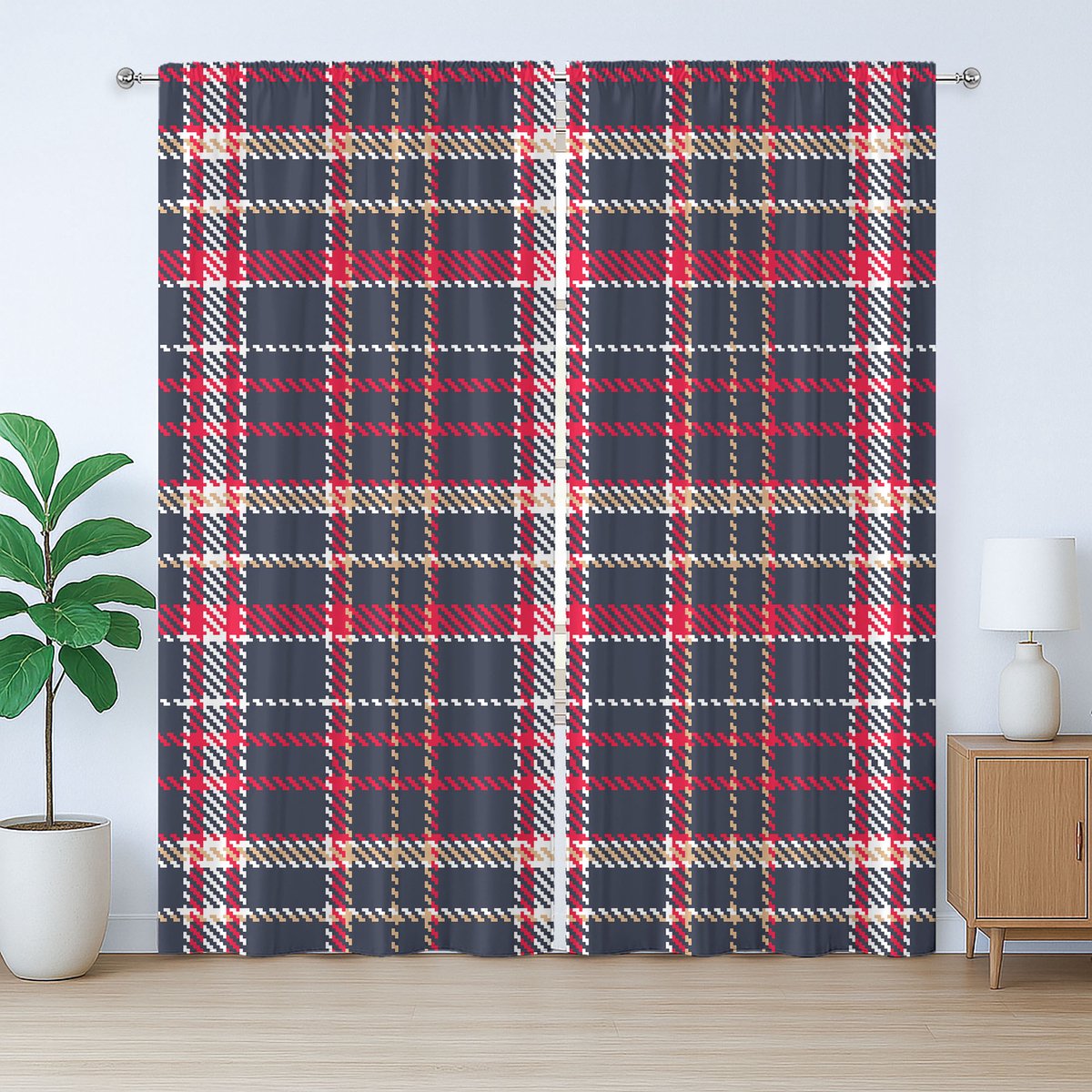 ABAKUHAUS Rustiek geruit gordijn, retro Engelse klassieker, met lussen en haken voor de woonkamer, 280 x 225 cm, meerkleurig