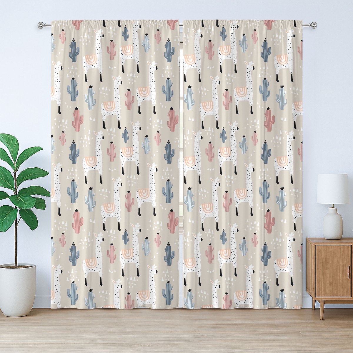 ABAKUHAUS Lama rustiek gordijn, kinderlijk cactusdier, slaapkamergordijn met lussen en haken, 280 x 245 cm, licht perzik