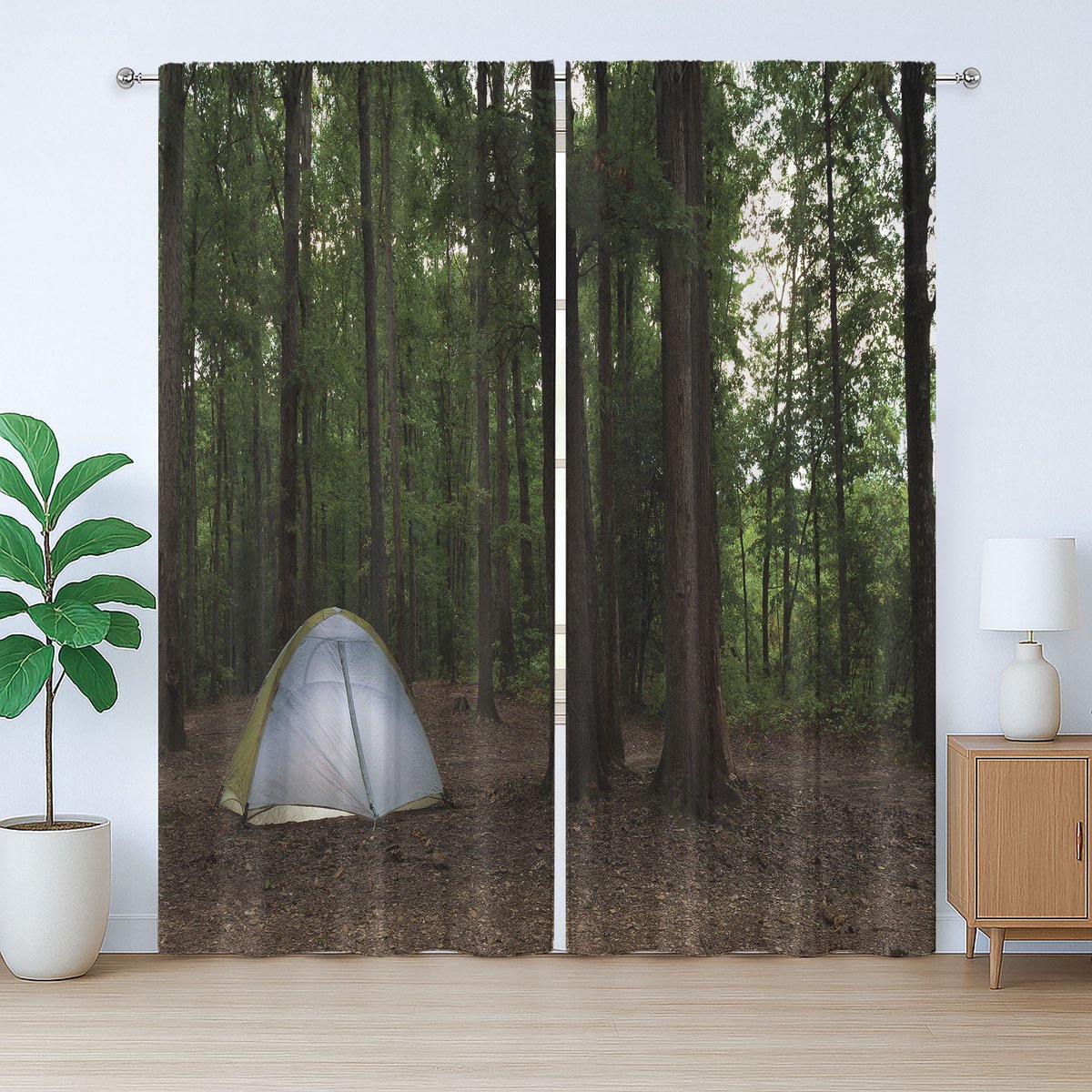 ABAKUHAUS Donker bos rustiek gordijn, tent in het bos, slaapkamergordijn met lussen en haken, 280 x 225 cm, groenbruin wit