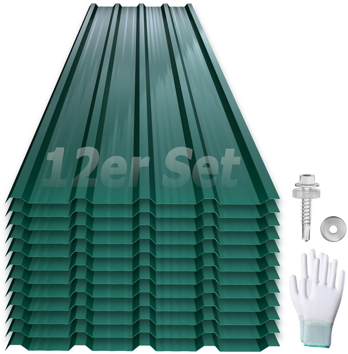 Set van 12 Dakplaten Trapeze Profiel 120x45 cm Verzinkt Staal Weerbestendig Inclusief Schroeven