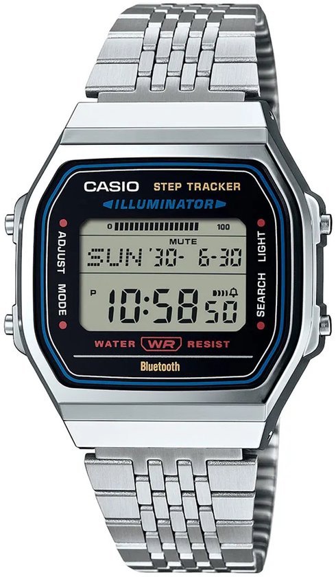 Zilverkleurig Casio Step Tracker horloge met metalen band. Het digitale scherm toont de datum 'SUN 30 - 6-30' en tijd '10:58 50'.