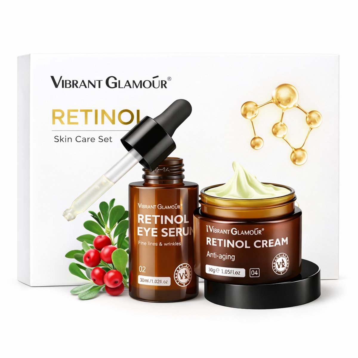 VIBRANT GLAMOUR Retinol Set – Gezichtscrème & Oogserum – Anti-Aging Dag- en Nachtverzorging – Retinol Verzorgingsset – Voor Stralende Huid