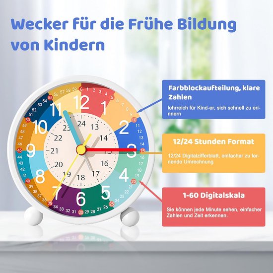 Kinderalarmklok Analoge Wekker Zonder Tikken met Nachtlampje Leerwekker van Merkloos — afbeelding 4