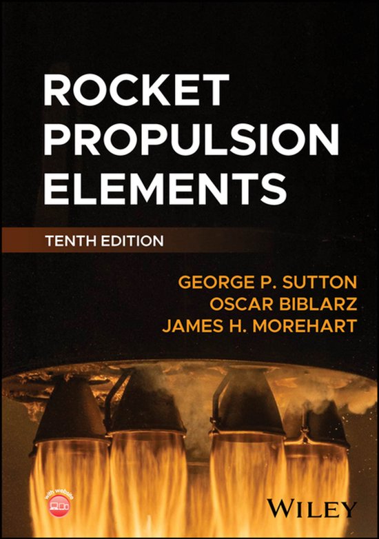 Livre 'Rocket Propulsion Elements', dixième édition, avec une photo de moteurs de fusée en action.
