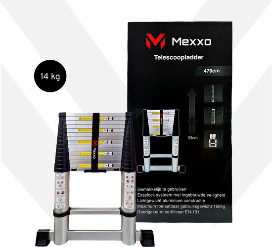 Mexxo telescoopladder van 470cm verpakt in doos, met indicatie van gewicht (14kg) en afmetingen.
