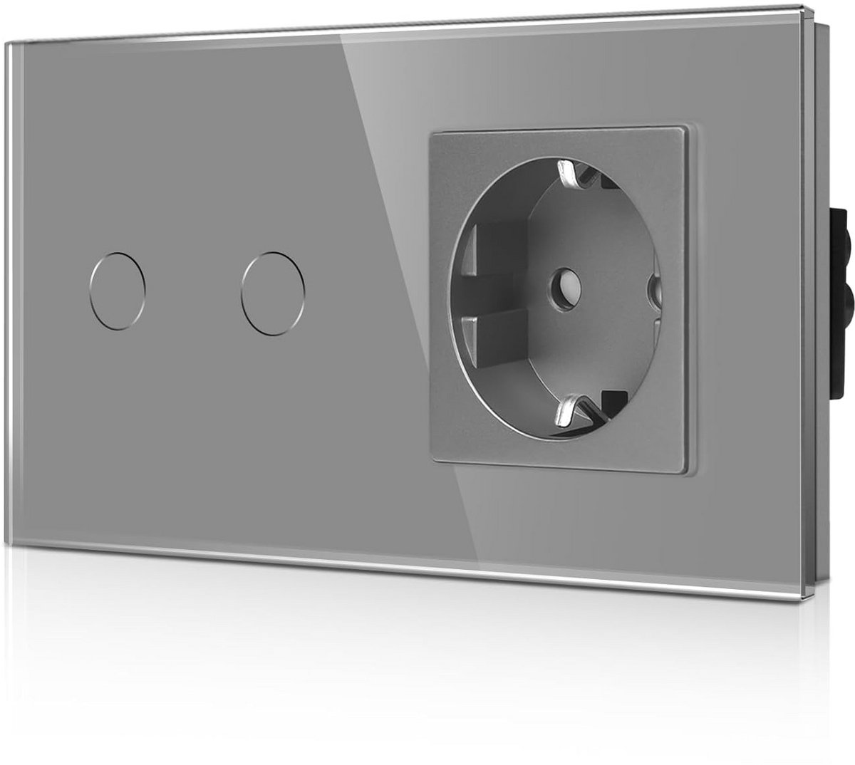 Inbouw glas lichtschakelaar met LED-indicator en veiligheidsstopcontact 2-voudig grijs