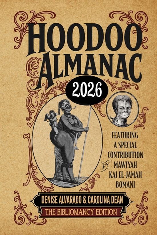 Hoodoo Almanac 2026 cover met een illustratie van een vrouw met kind, en portret van een man.