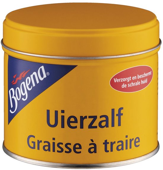 Gele pot met Bogena Uierzalf. Product voor de schrale huid.