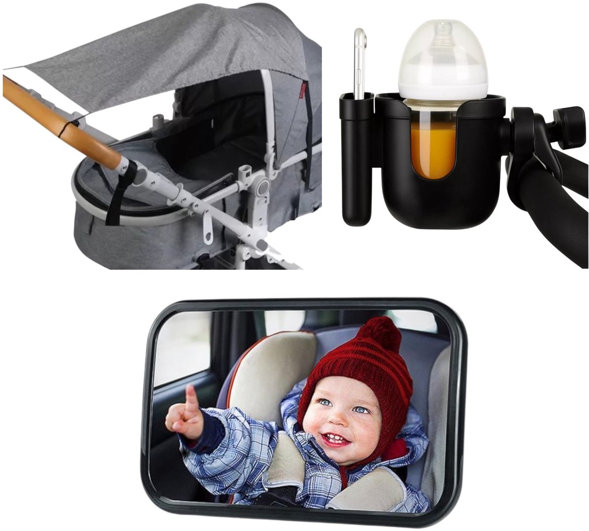 Complete Baby Accessoires Set – Kinderwagen Fleshouder, Schaduwdoek & Autospiegel