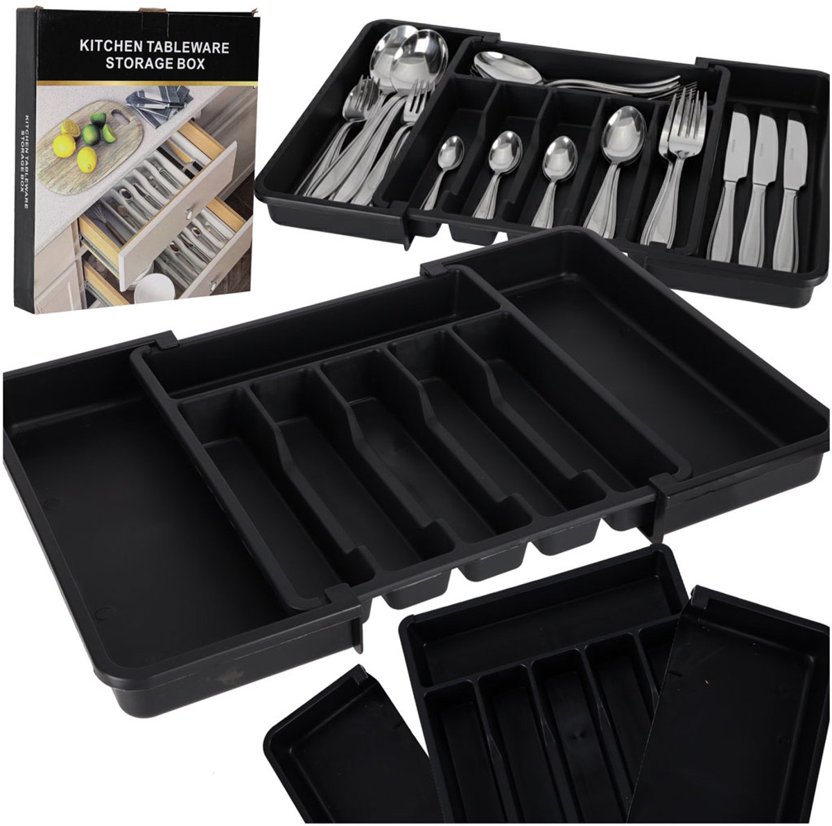 Bestek Organizer Lade - Uitschuifbare Bestekbak - Verstelbare Lade Organizer 33-56,5 cm - 8 Vakken - Bestekindeler voor Keukenlade - Zwart - Kunststof Bestekhouder
