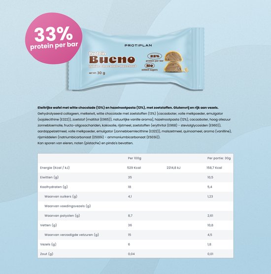 Protiplan - Protein Bueno Witte Chocolade Hazelnoot - 12 x 40 g - Koolhydraatarm - Suikerarm - Protein Bar — afbeelding 4