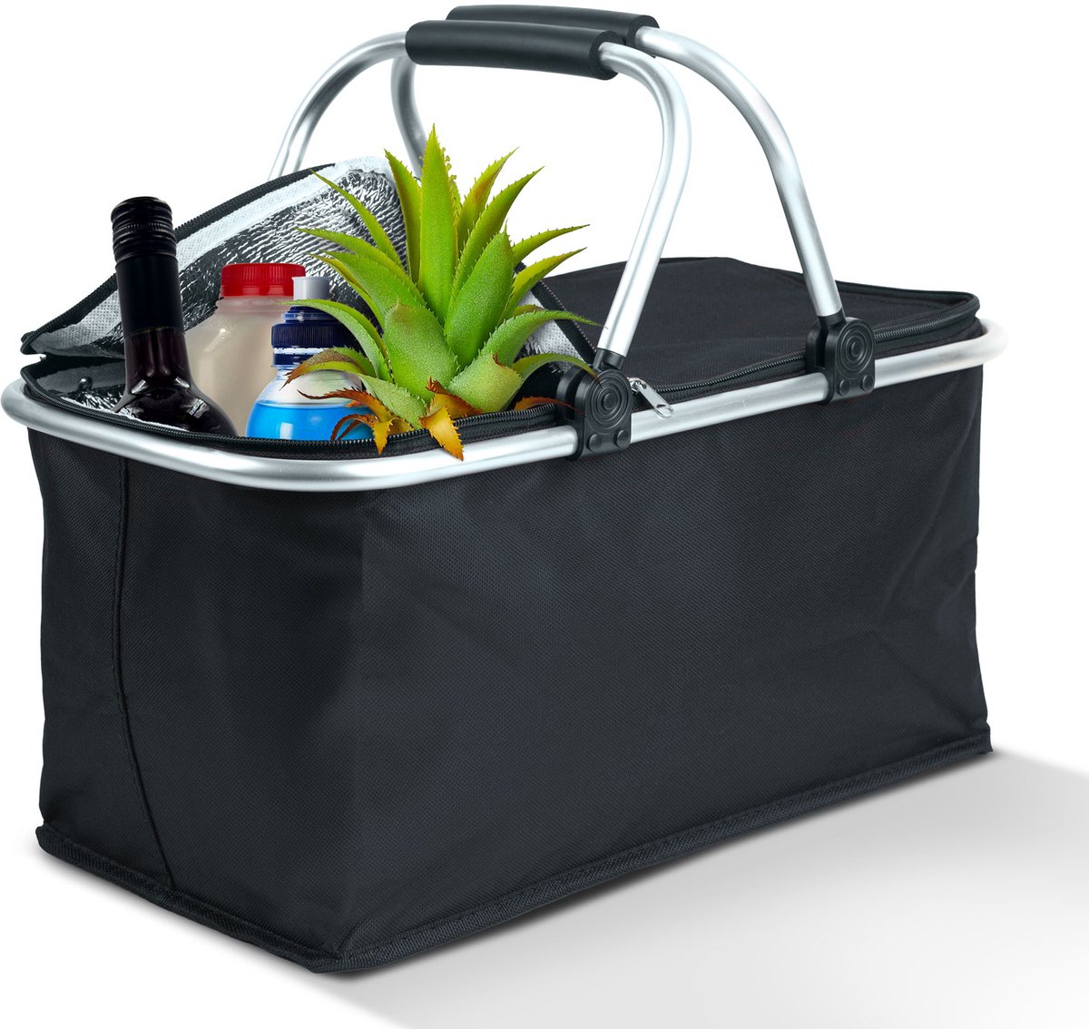 Thermo Opvouwbare Picknickmand Met Koelvoering – Zwart – 49 × 28 × 25 cm – 21 Liter – Geïsoleerde Boodschappenmand Met Ritssluiting En Zachte Handgrepen [11549A]