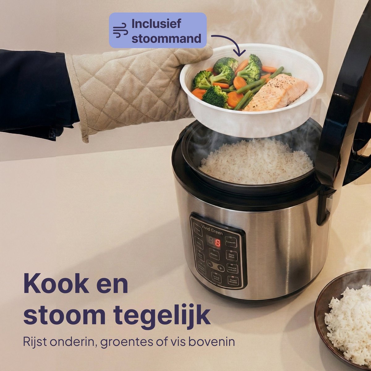 Rijstkoker met Stomer - 1.8L - Slowcooker met Timer - 10 Porties - Multicooker - Rice Cooker - RVS - Vivid Green – foto 6