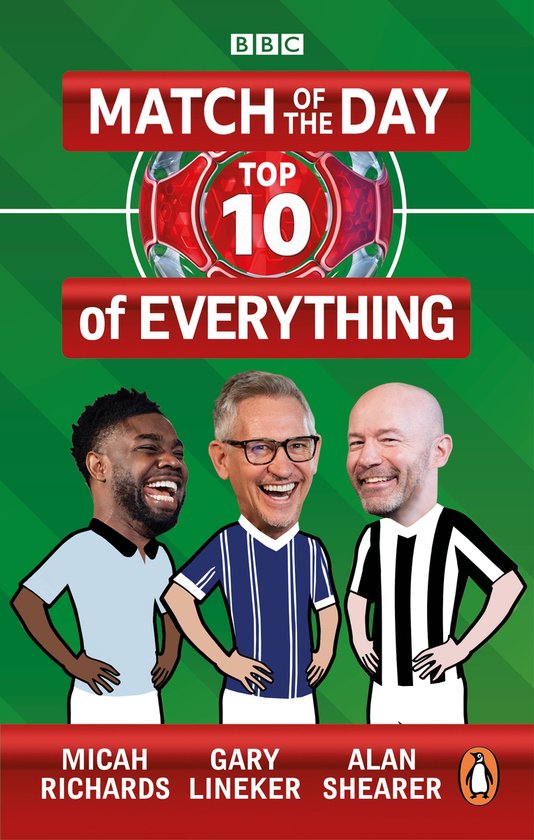 Couverture de livre avec des caricatures de Micah Richards, Gary Lineker et Alan Shearer, au-dessus du texte "MATCH OF THE DAY TOP 10 of EVERYTHING".