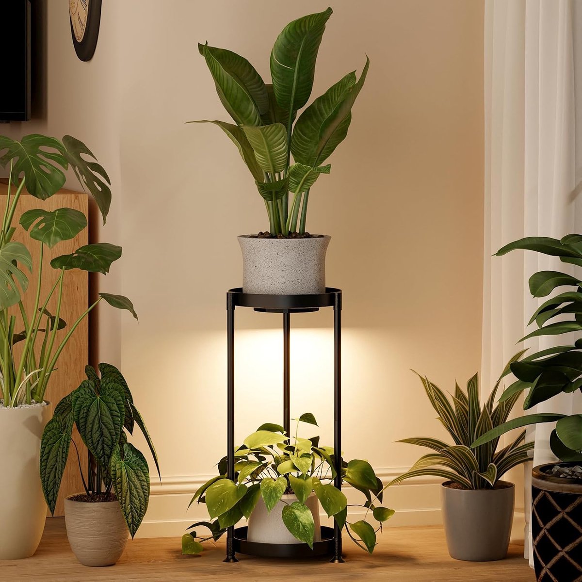 Bamworld Plantenstandaard voor binnen, 2 niveaus, metalen plantenstandaard met kweeklampen voor meerdere planten, ijzeren plant, ronde steunrek voor tuin, terras, woonkamer, hoek, balkon