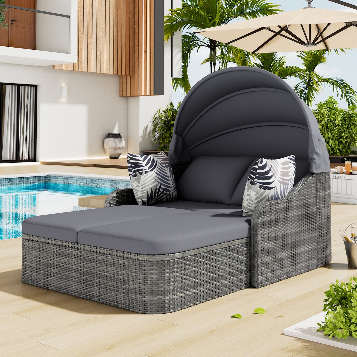 STILVORA Tuinloungebed 203 x 120 x 126 cm - Verstelbare Luifel & Kantelbare Rugleuning - Voor Tuin, Terras En Zwembad - Rattan Metaal - Grijs