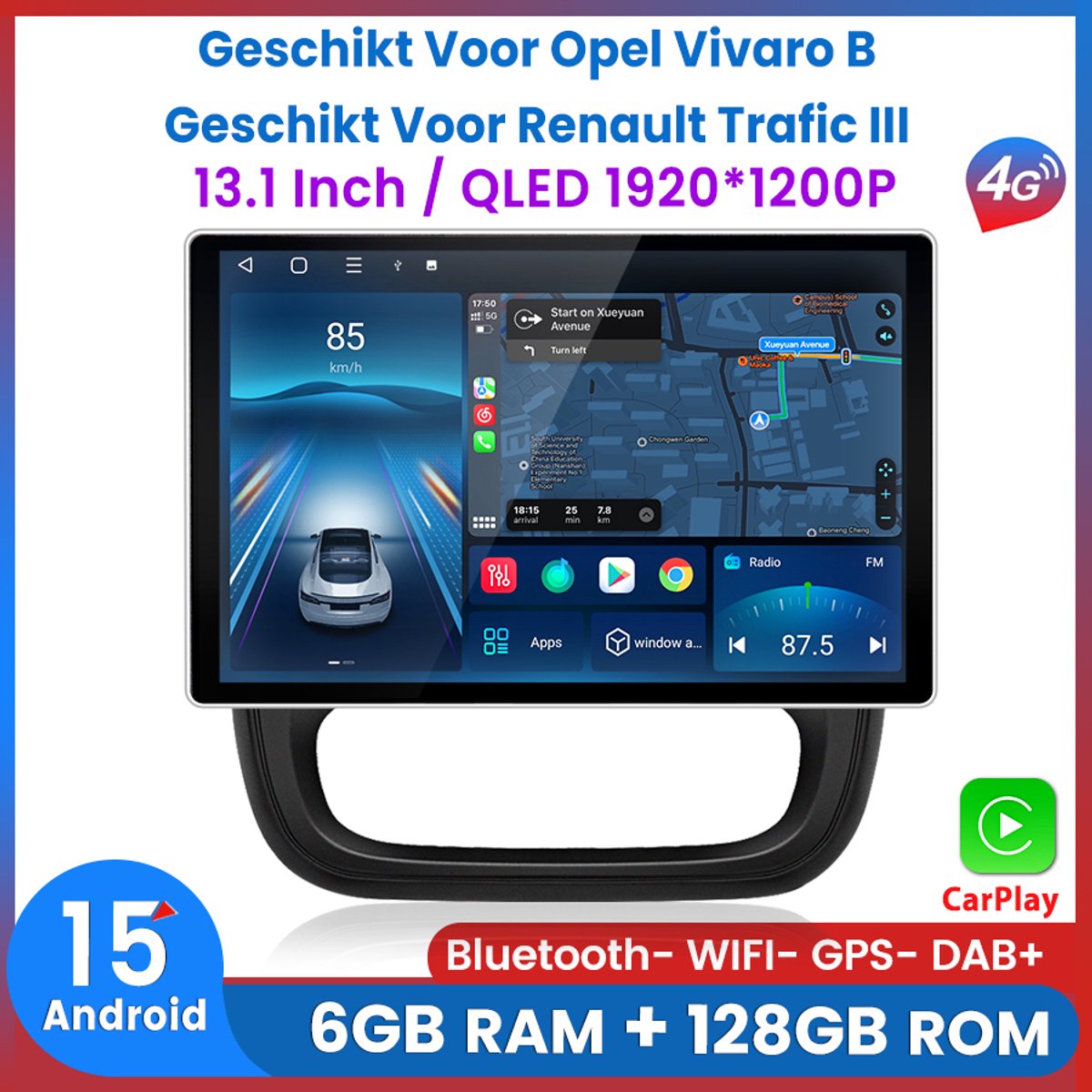 Awesafe 13.1 Inch 8 Core V1PRO 6+128GB Autoradio - Geschikt Voor Opel Vivaro B 2014 t/m 2018 - Geschikt Voor Renault Trafic III 2014 t/m 2021 - Draadloze Carplay Android Auto - QLED 1920*1200P - GPS Navigatie 4G WiFi - 2014 2015 2016 2017 2018