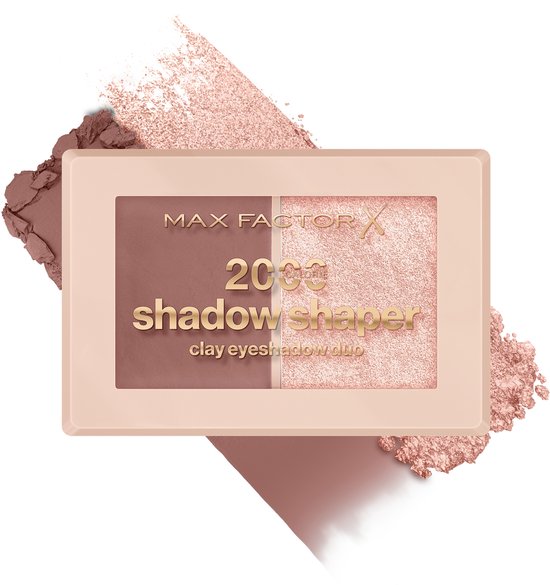 Max Factor 2000 Calorie Shadow Shaper Duo, oogschaduwdoosje met een matte bruine en een glinsterende roze tint, met poeder uitgesmeerd.