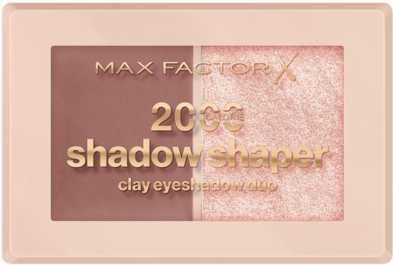 Max Factor 2000 Calorie Shadow Shaper Duo, oogschaduwdoosje met een matte bruine en een glinsterende roze tint.