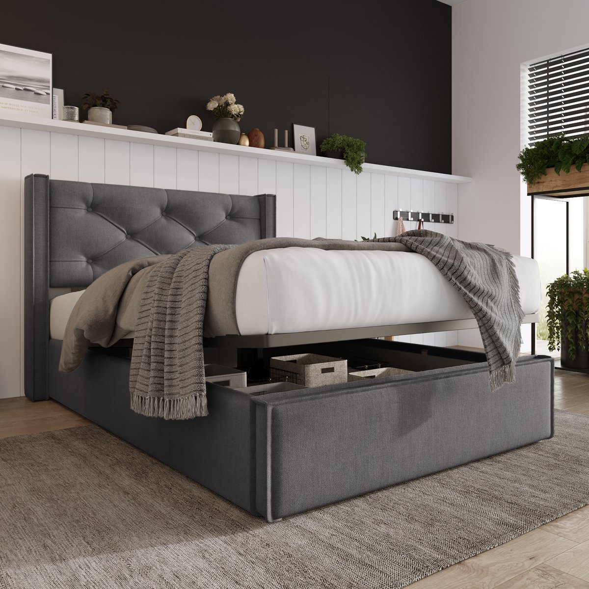 Wishdor Gestoffeerd Eenpersoonsbed – 90 x 200 cm – Hydraulische Opbergruimte – Retro Look met Diepe Knopen – Katoen Grijs – Opklapbare Lattenbodem met Antislip – Stabiel tot 150 kg – Vintage Stijl voor Slaapkamer