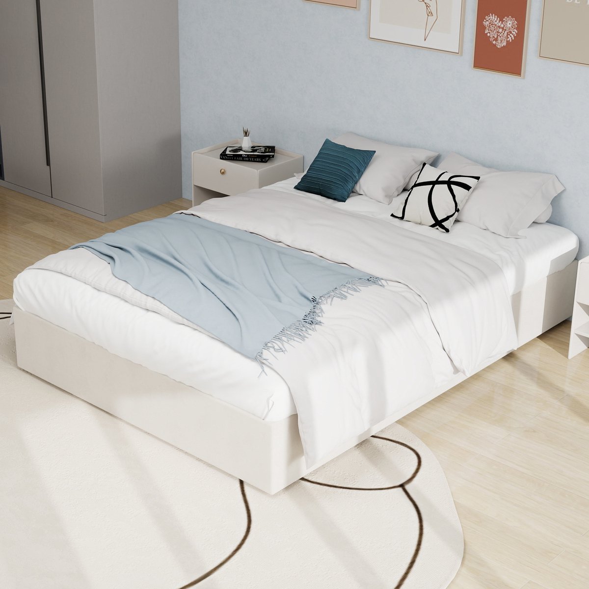 Wishdor Bedframe – 160 x 200 cm – Zonder Hoofdbord – Stof en Metaal Beige – Modern Minimalistisch Design – Stevige Constructie – Snelle Montage – Flexibele Plaatsing – Geschikt voor Standaard Matras