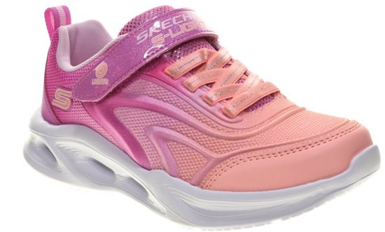 Roze Skechers S-Lights sneaker met glitter klittenbandsluiting en lichtjes in de zool. De sneaker heeft een oranje/roze kleurverloop.