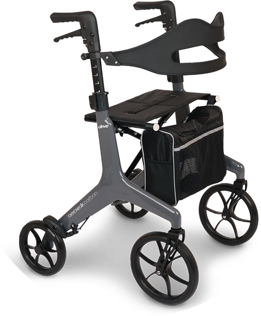 Drive AeroWalk Rollator - Carbon lichtgewicht 4,6 kg - Grijs - Inclusief rugsteun, stokhouder en tas aan de voorkant