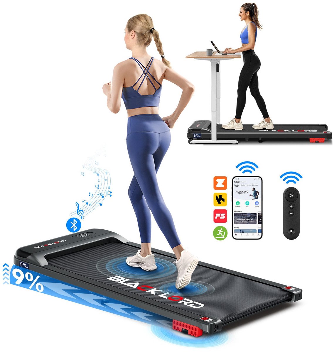 BLACK LORD MS2 - 4-in-1 loopband - 16 km/h & 3,2 PS motor - 9% helling (2 niveaus) - Bluetooth luidspreker & LED-display - Inklapbaar tot 140 kg